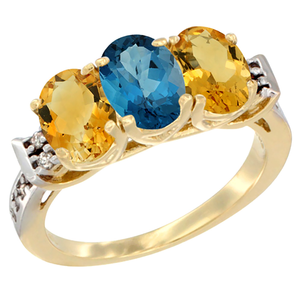 10K Yellow Gold Natural London Blue Topaz & Citrine Sides Ring 3-Stone Oval 7x5 mm Diamond Accent, sizes 5 - 10