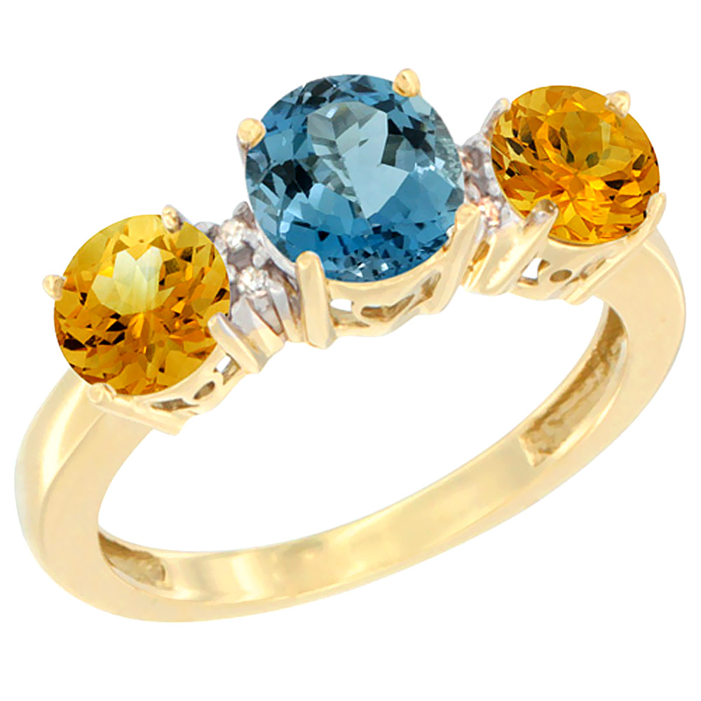 10K Yellow Gold Round 3-Stone Natural London Blue Topaz Ring &amp; Citrine Sides Diamond Accent, sizes 5 - 10