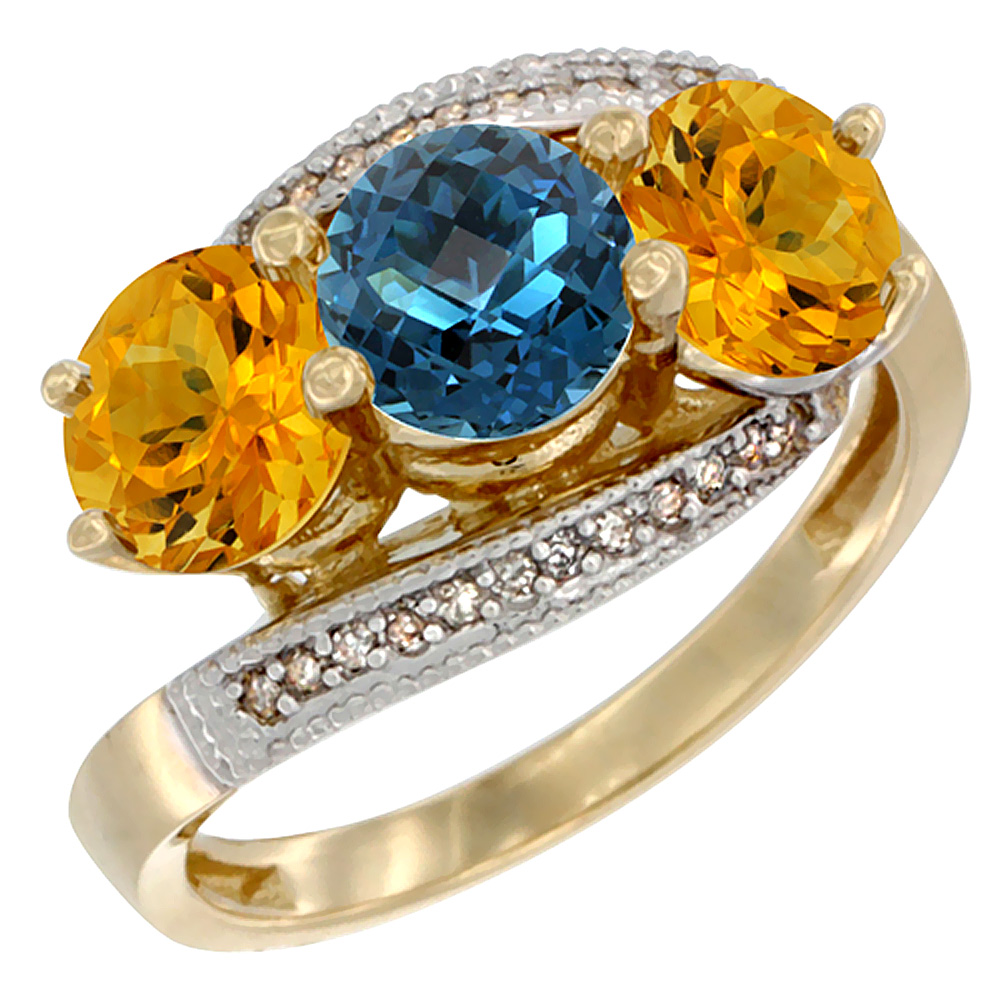 14K Yellow Gold Natural London Blue Topaz &amp; Citrine Sides 3 stone Ring Round 6mm Diamond Accent, sizes 5 - 10