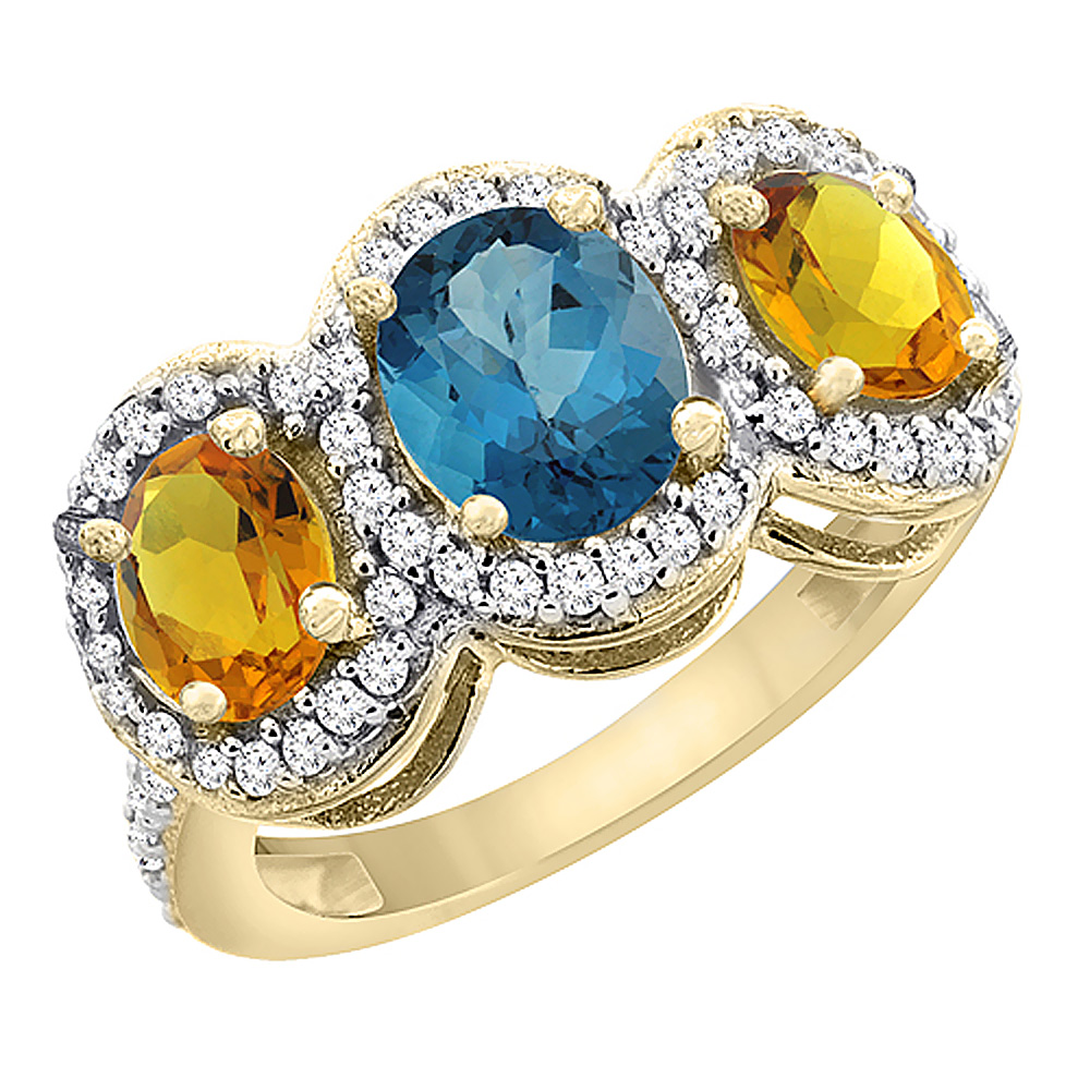 10K Yellow Gold Natural London Blue Topaz & Citrine 3-Stone Ring Oval Diamond Accent, sizes 5 - 10