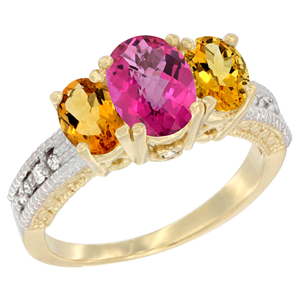 14K Yellow Gold Diamond Natural Pink Topaz Ring Oval 3-stone with Citrine, sizes 5 - 10