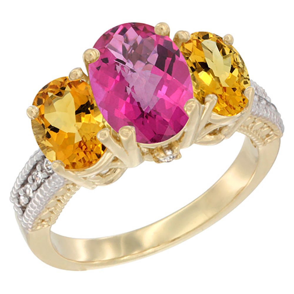10K Yellow Gold Diamond Natural Pink Topaz Ring 3-Stone Oval 8x6mm with Citrine, sizes5-10