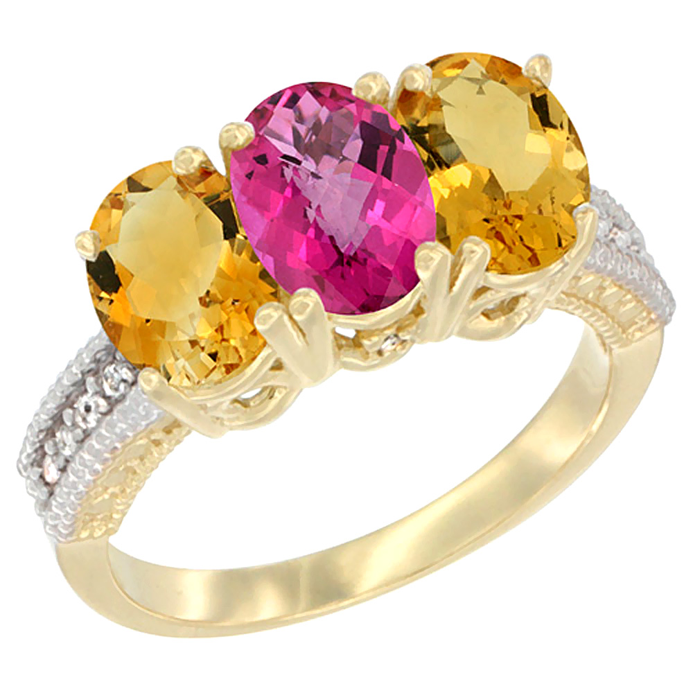 10K Yellow Gold Diamond Natural Pink Topaz &amp; Citrine Ring 3-Stone 7x5 mm Oval, sizes 5 - 10