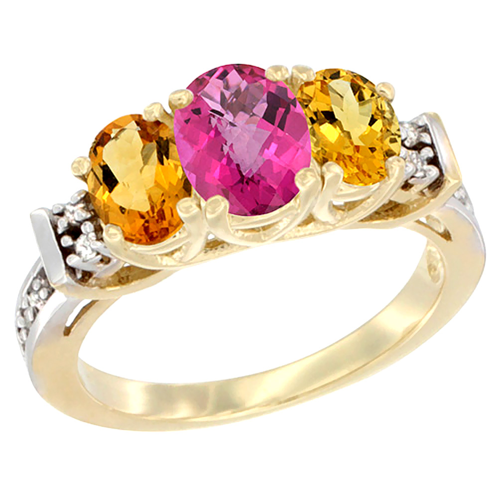 10K Yellow Gold Natural Pink Topaz & Citrine Ring 3-Stone Oval Diamond Accent