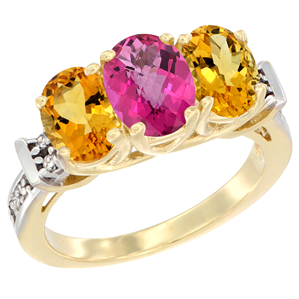 10K Yellow Gold Natural Pink Topaz & Citrine Sides Ring 3-Stone Oval Diamond Accent, sizes 5 - 10
