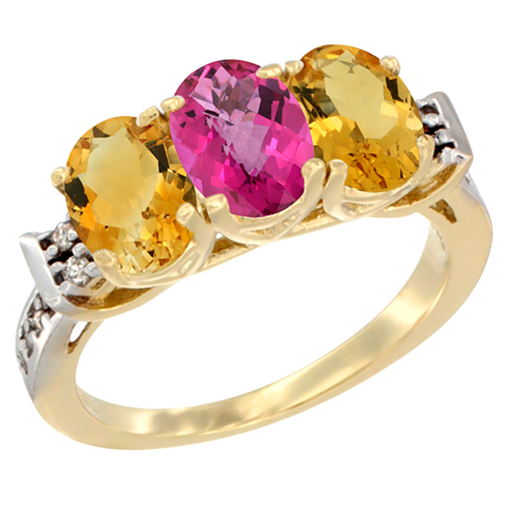 14K Yellow Gold Natural Pink Topaz & Citrine Sides Ring 3-Stone 7x5 mm Oval Diamond Accent, sizes 5 - 10