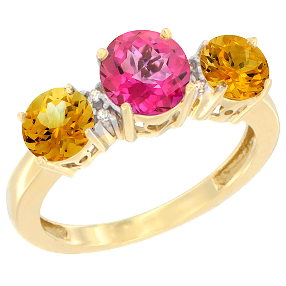 14K Yellow Gold Round 3-Stone Natural Pink Topaz Ring &amp; Citrine Sides Diamond Accent, sizes 5 - 10