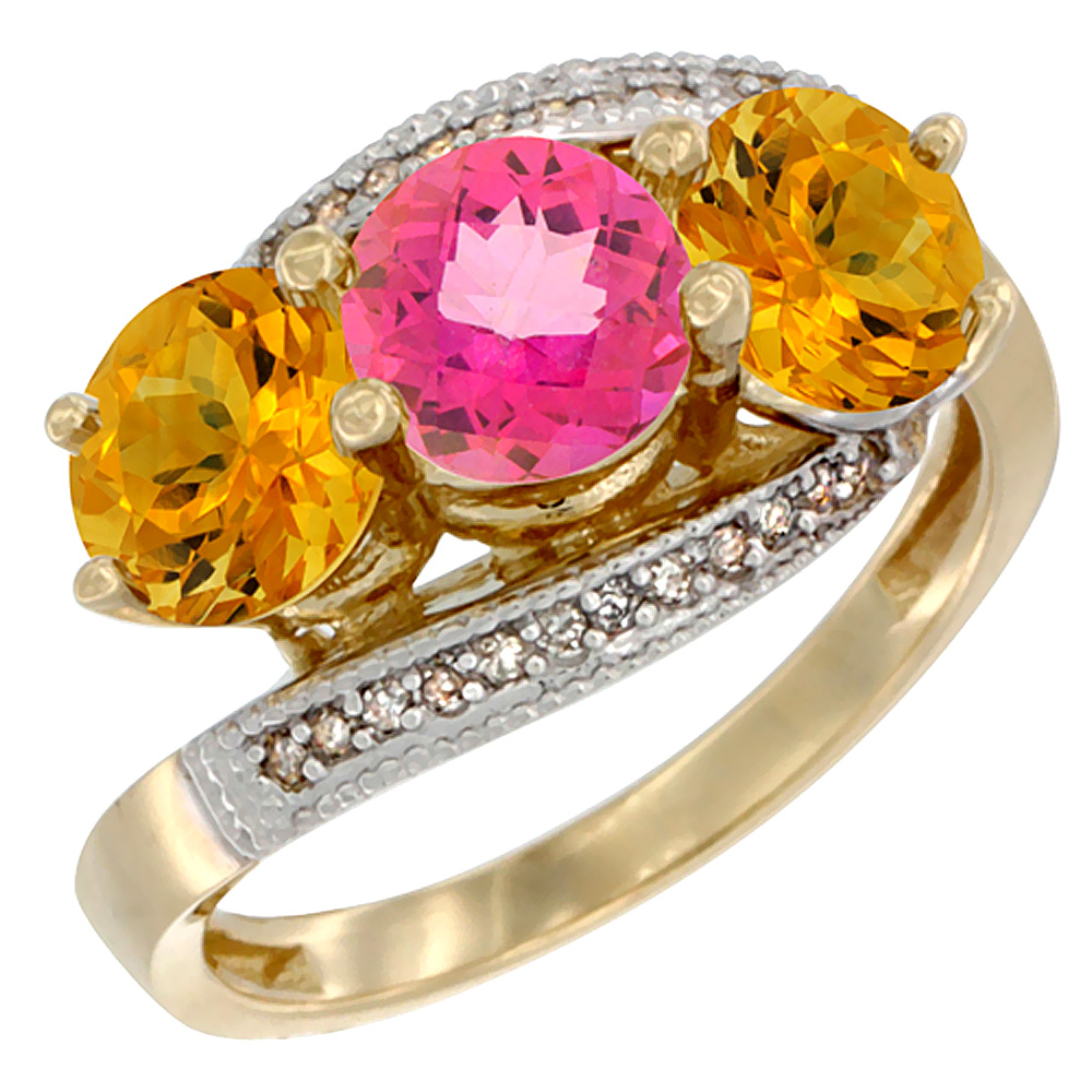 10K Yellow Gold Natural Pink Topaz &amp; Citrine Sides 3 stone Ring Round 6mm Diamond Accent, sizes 5 - 10