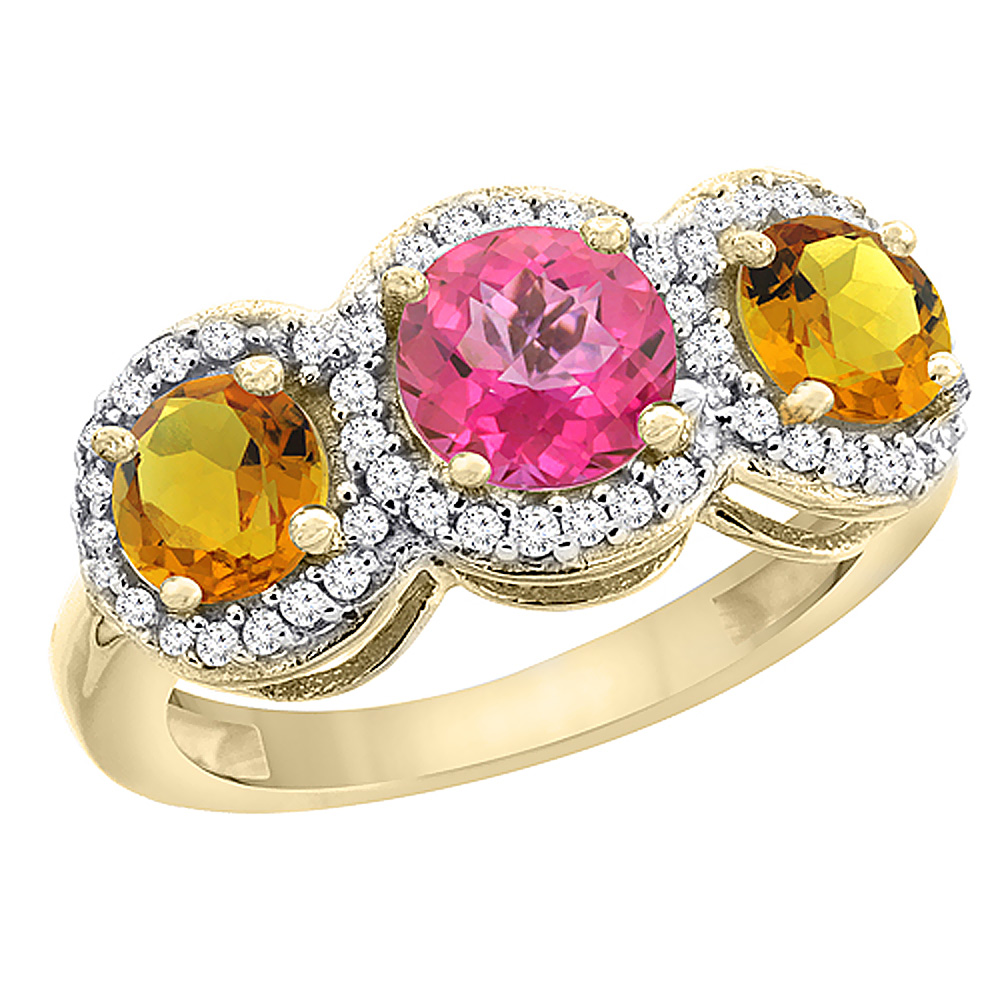 10K Yellow Gold Natural Pink Topaz & Citrine Sides Round 3-stone Ring Diamond Accents, sizes 5 - 10