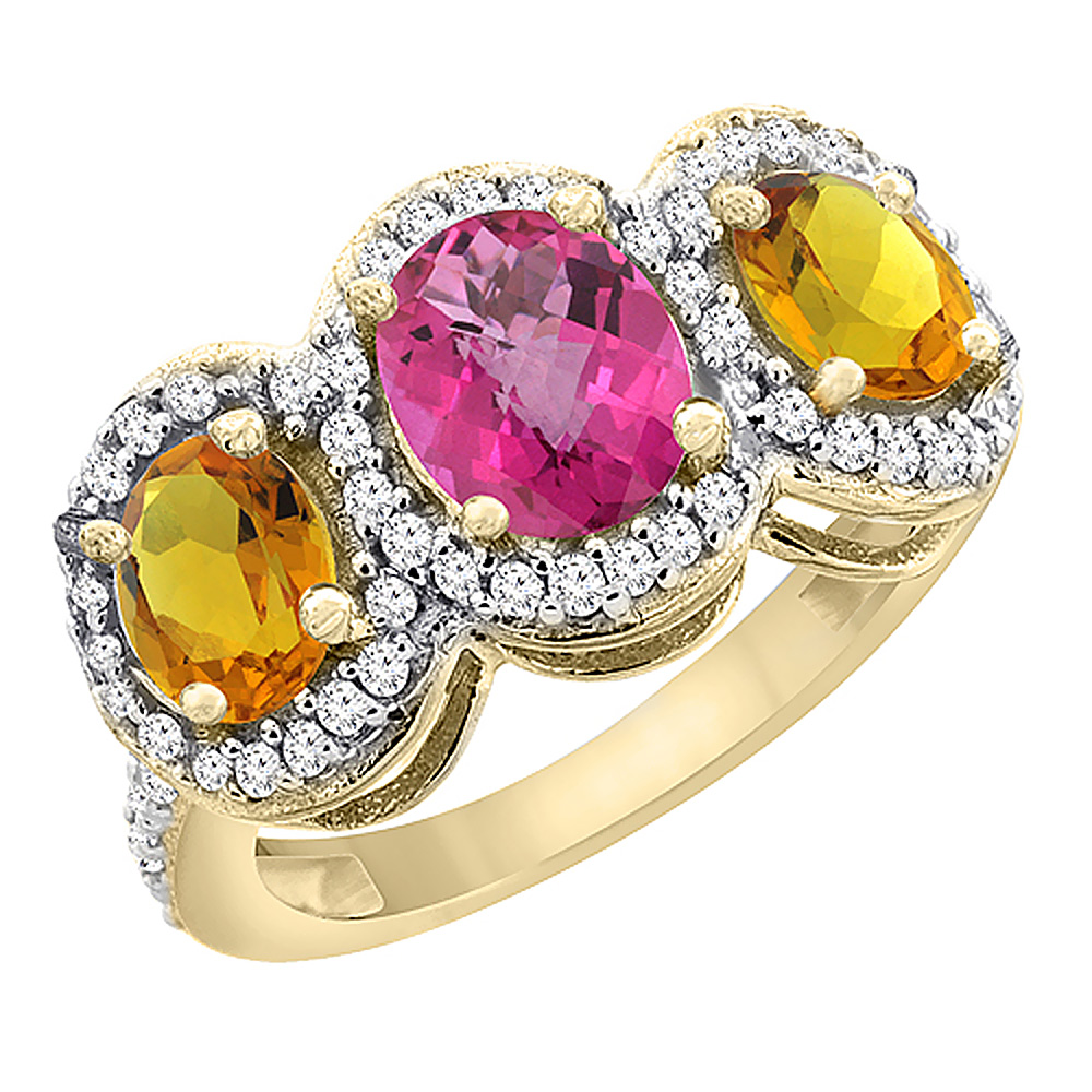 10K Yellow Gold Natural Pink Topaz & Citrine 3-Stone Ring Oval Diamond Accent, sizes 5 - 10