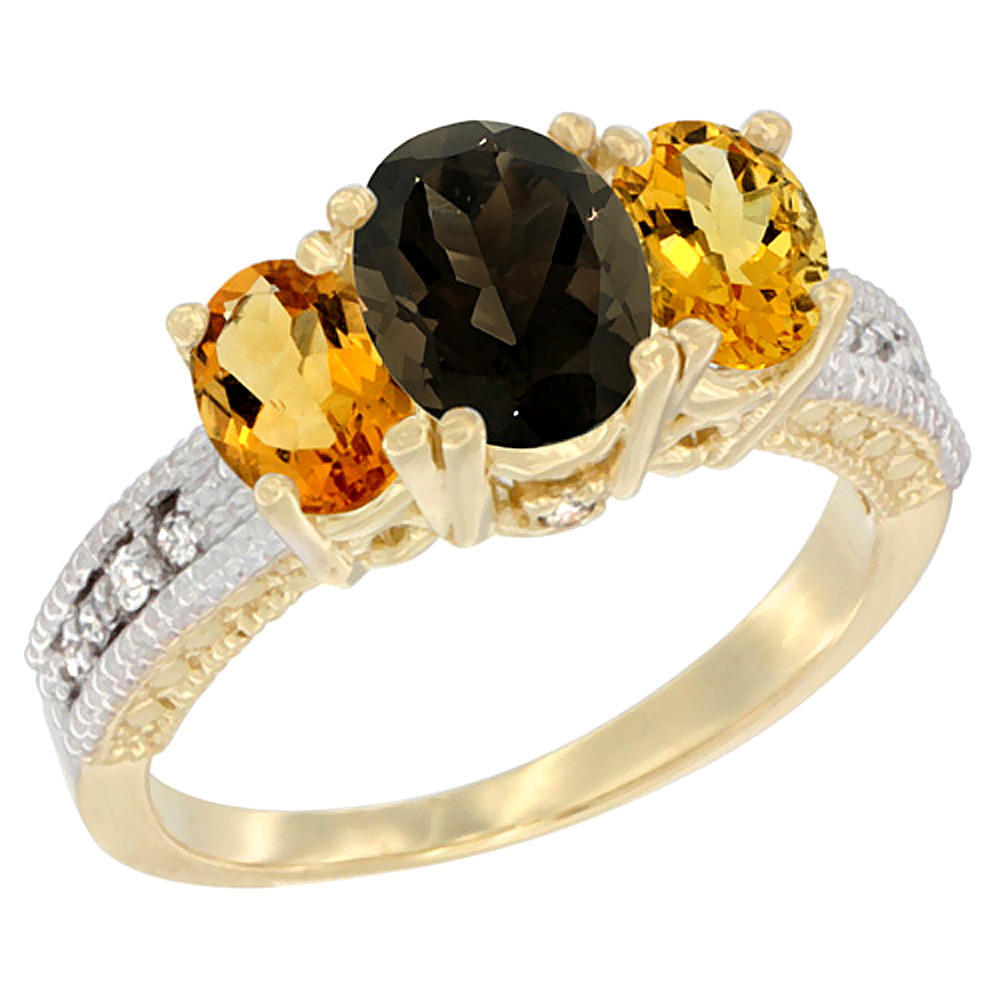 14K Yellow Gold Diamond Natural Smoky Topaz Ring Oval 3-stone with Citrine, sizes 5 - 10