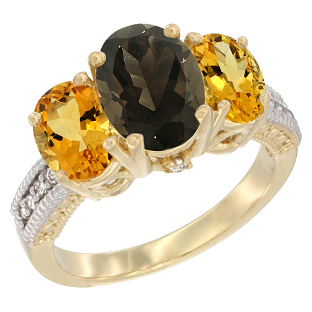14K Yellow Gold Diamond Natural Smoky Topaz Ring 3-Stone Oval 8x6mm with Citrine, sizes5-10