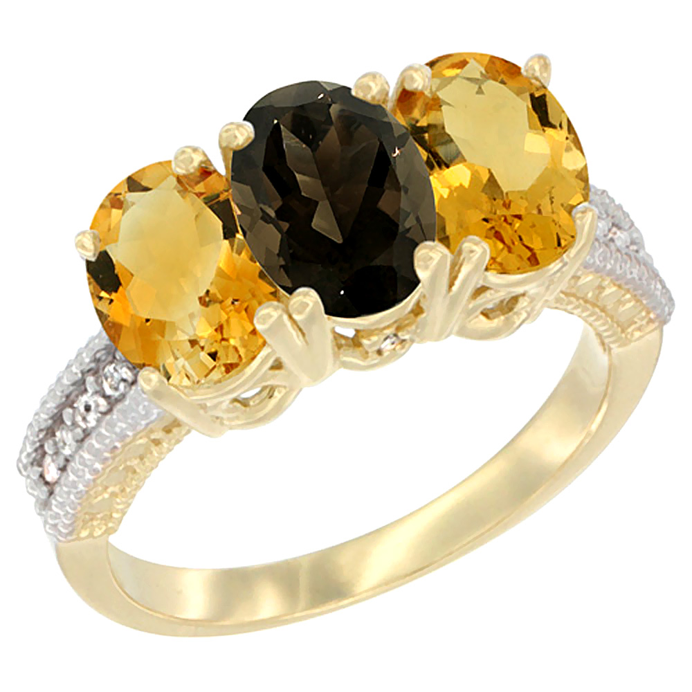 14K Yellow Gold Natural Smoky Topaz &amp; Citrine Sides Ring 3-Stone 7x5 mm Oval Diamond Accent, sizes 5 - 10