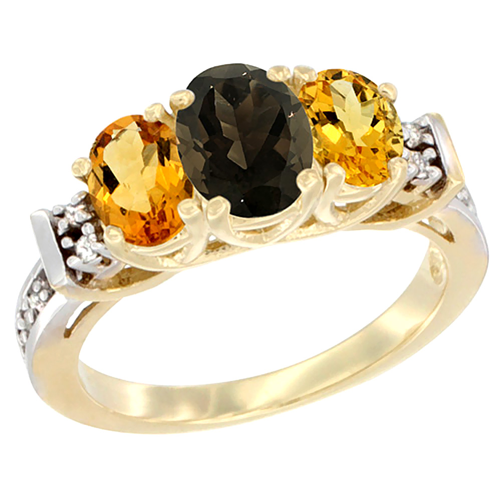 10K Yellow Gold Natural Smoky Topaz &amp; Citrine Ring 3-Stone Oval Diamond Accent