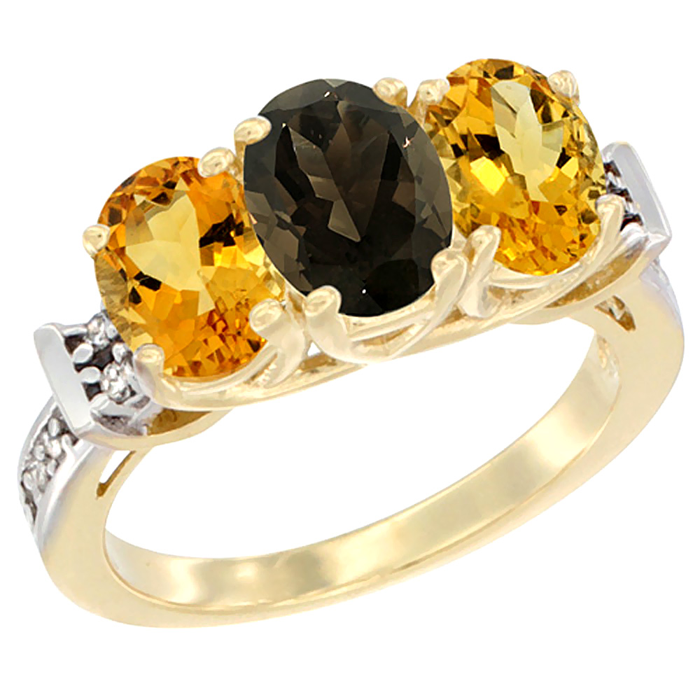 10K Yellow Gold Natural Smoky Topaz & Citrine Sides Ring 3-Stone Oval Diamond Accent, sizes 5 - 10