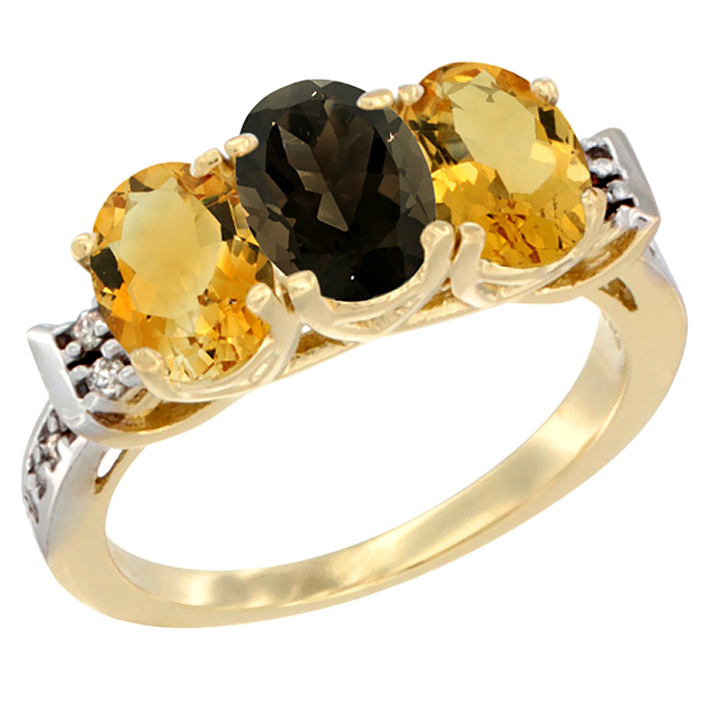 14K Yellow Gold Natural Smoky Topaz &amp; Citrine Sides Ring 3-Stone 7x5 mm Oval Diamond Accent, sizes 5 - 10