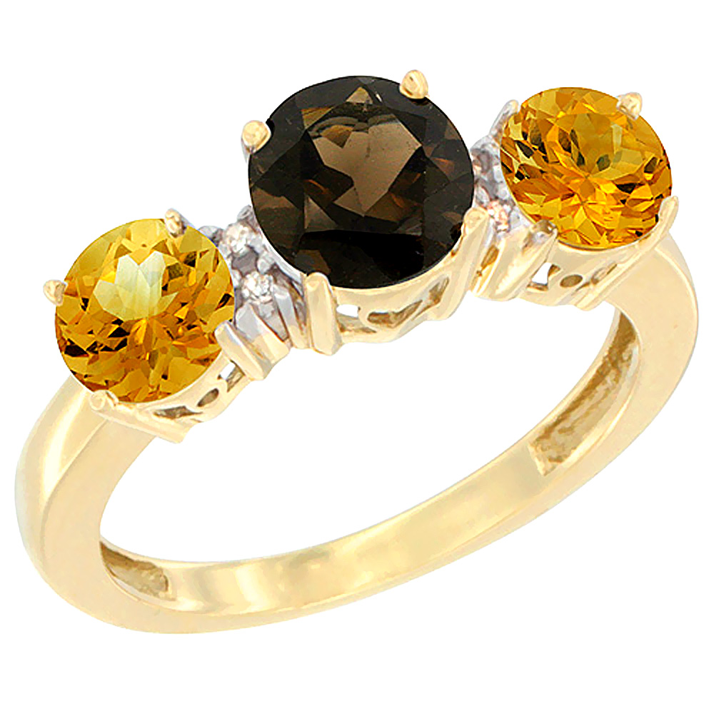 10K Yellow Gold Round 3-Stone Natural Smoky Topaz Ring &amp; Citrine Sides Diamond Accent, sizes 5 - 10