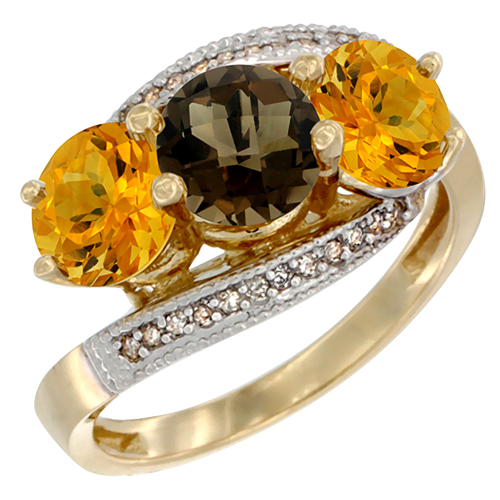 14K Yellow Gold Natural Smoky Topaz & Citrine Sides 3 stone Ring Round 6mm Diamond Accent, sizes 5 - 10