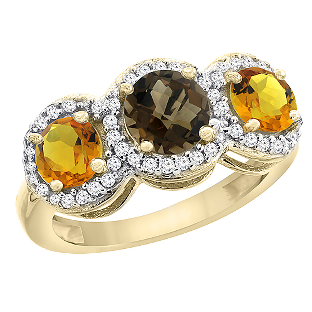 14K Yellow Gold Natural Smoky Topaz &amp; Citrine Sides Round 3-stone Ring Diamond Accents, sizes 5 - 10