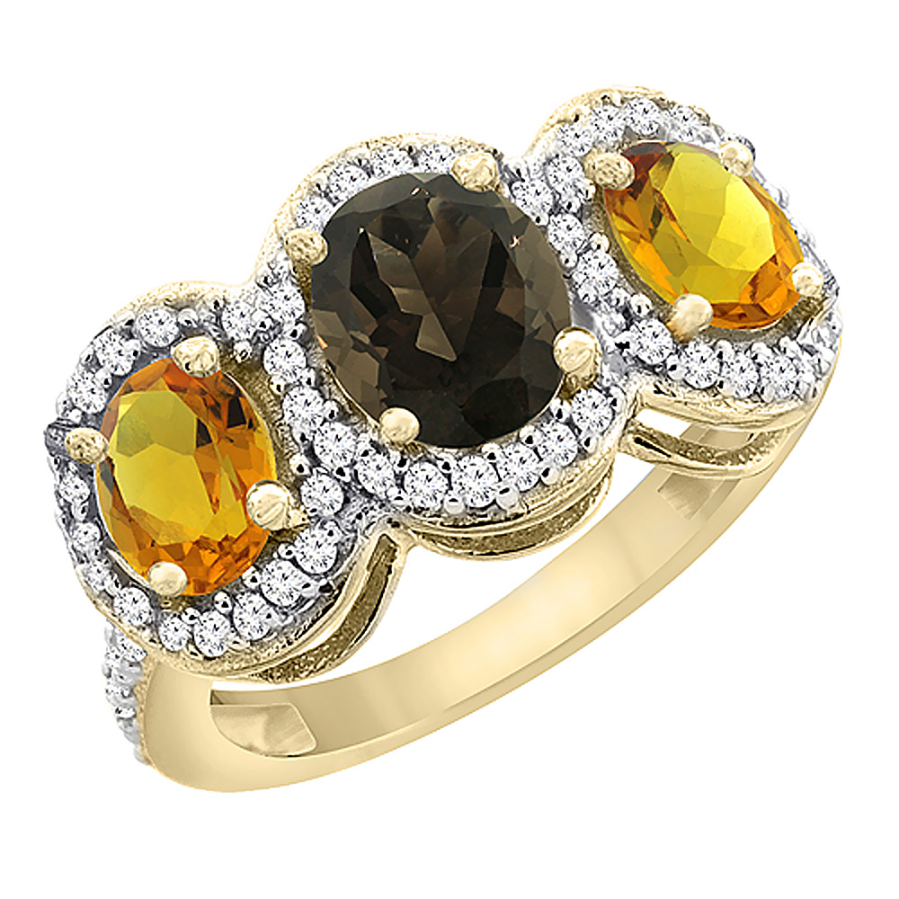 14K Yellow Gold Natural Smoky Topaz & Citrine 3-Stone Ring Oval Diamond Accent, sizes 5 - 10