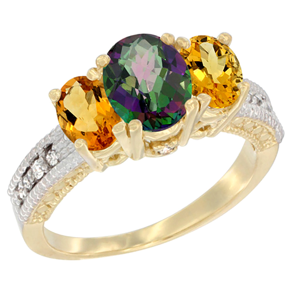 10K Yellow Gold Diamond Natural Mystic Topaz Ring Oval 3-stone with Citrine, sizes 5 - 10