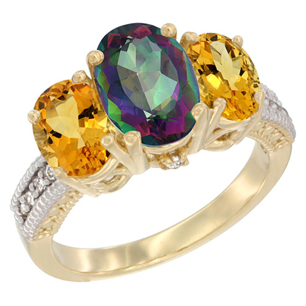 14K Yellow Gold Diamond Natural Mystic Topaz Ring 3-Stone Oval 8x6mm with Citrine, sizes5-10