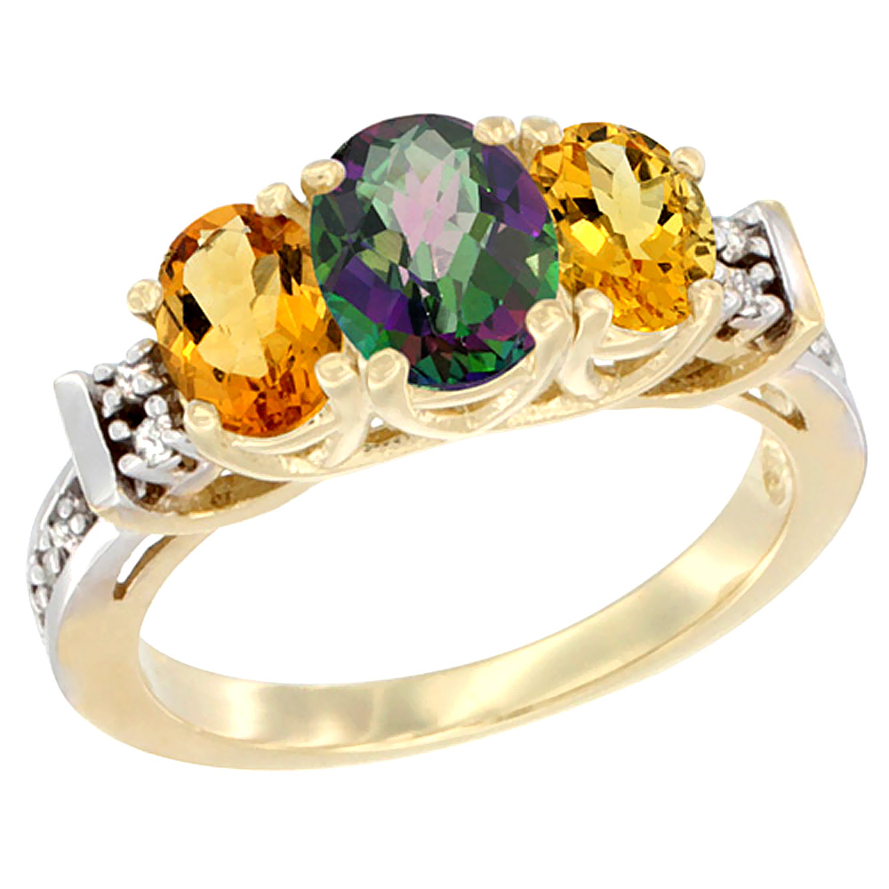 10K Yellow Gold Natural Mystic Topaz & Citrine Ring 3-Stone Oval Diamond Accent