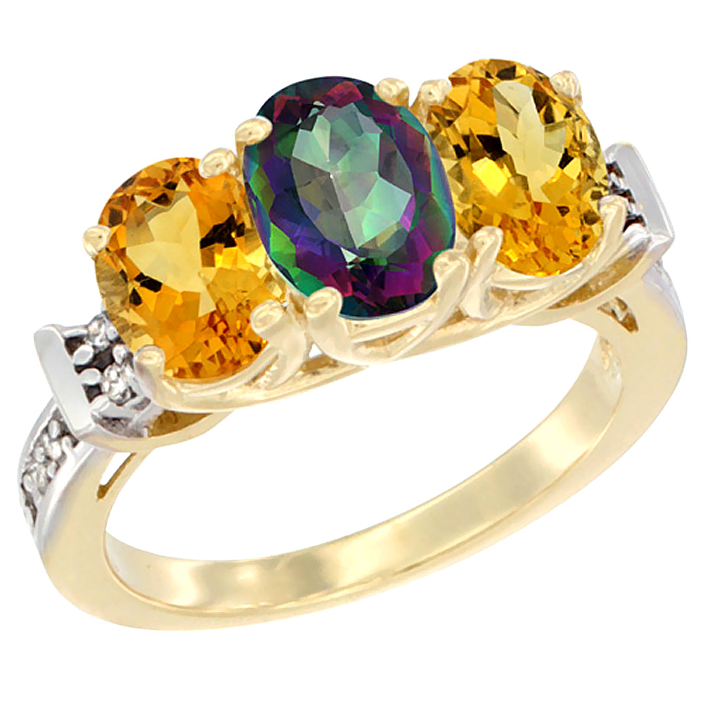 10K Yellow Gold Natural Mystic Topaz & Citrine Sides Ring 3-Stone Oval Diamond Accent, sizes 5 - 10