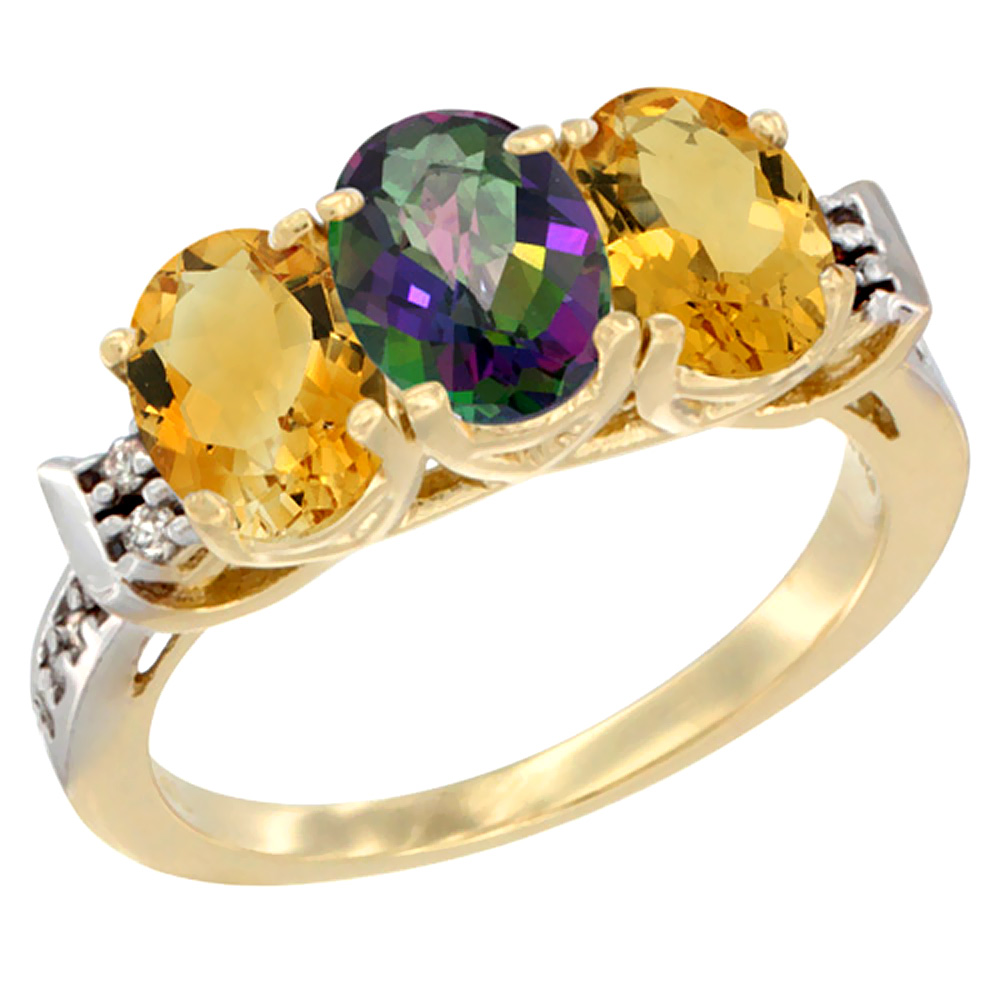 10K Yellow Gold Natural Mystic Topaz &amp; Citrine Sides Ring 3-Stone Oval 7x5 mm Diamond Accent, sizes 5 - 10