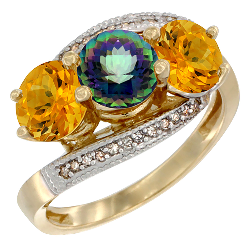 14K Yellow Gold Natural Mystic Topaz &amp; Citrine Sides 3 stone Ring Round 6mm Diamond Accent, sizes 5 - 10