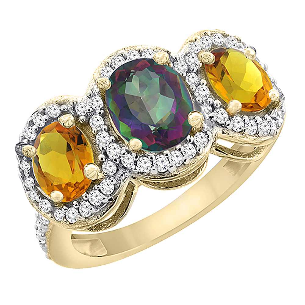 10K Yellow Gold Natural Mystic Topaz & Citrine 3-Stone Ring Oval Diamond Accent, sizes 5 - 10