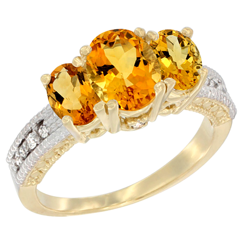 10K Yellow Gold Diamond Natural Citrine Ring Oval 3-stone, sizes 5 - 10