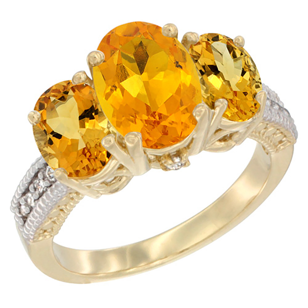 10K Yellow Gold Diamond Natural Citrine Ring 3-Stone Oval 8x6mm, sizes5-10