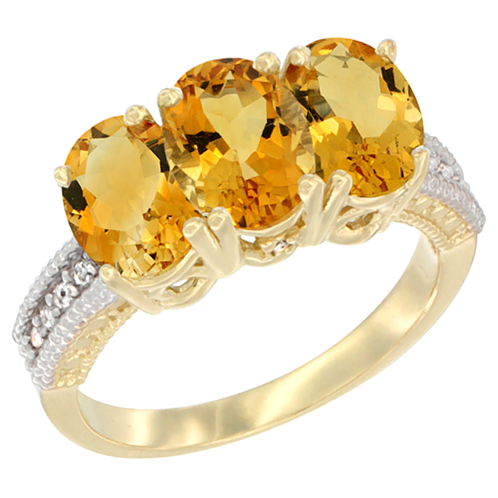 14K Yellow Gold Natural Citrine Ring 3-Stone 7x5 mm Oval Diamond Accent, sizes 5 - 10
