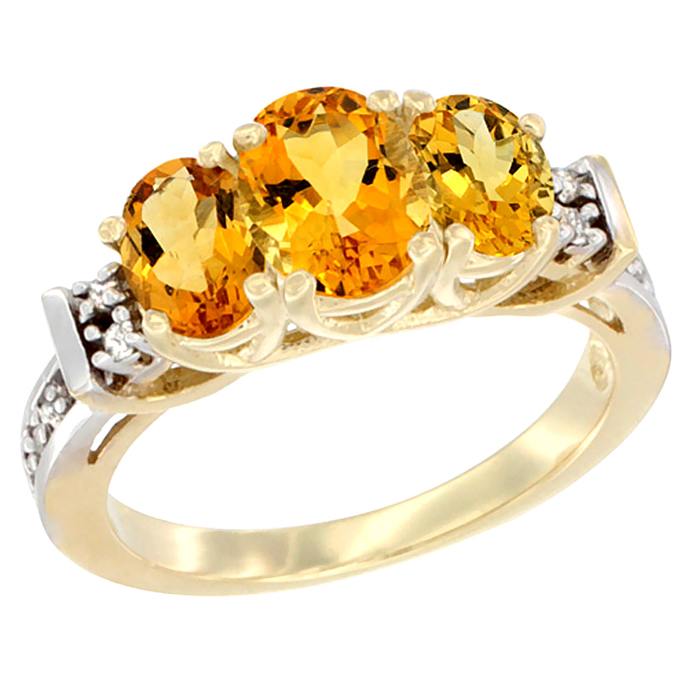 14K Yellow Gold Natural Citrine Ring 3-Stone Oval Diamond Accent