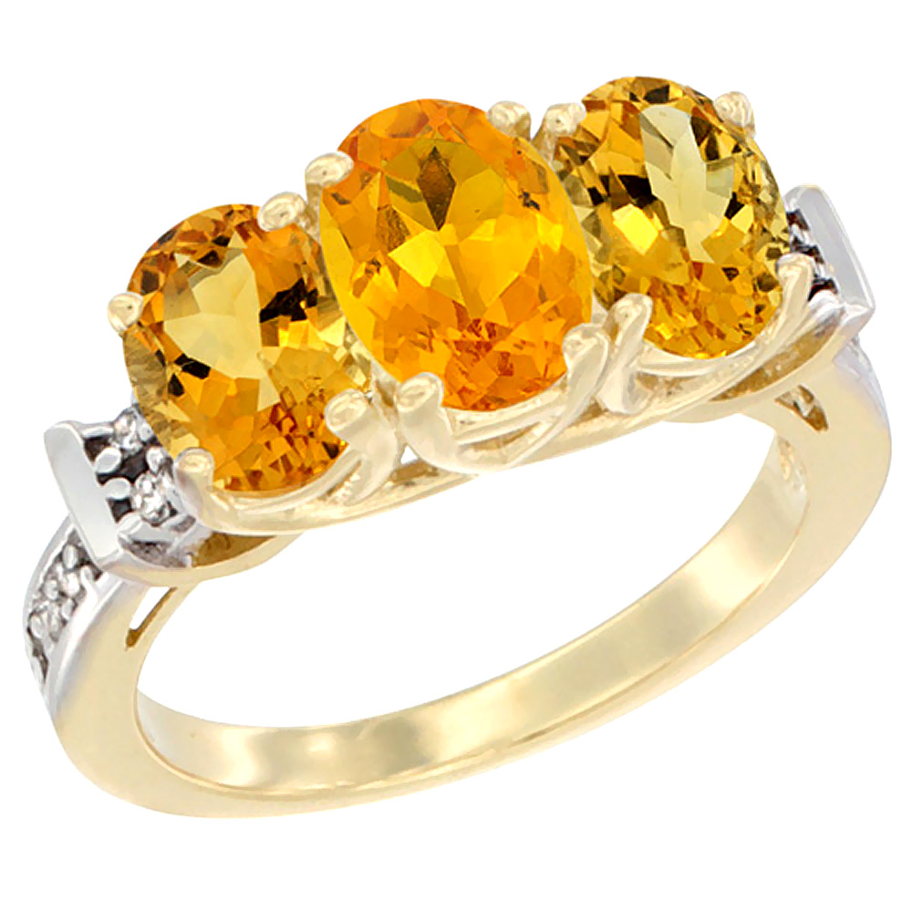14K Yellow Gold Natural Citrine Ring 3-Stone Oval Diamond Accent, sizes 5 - 10
