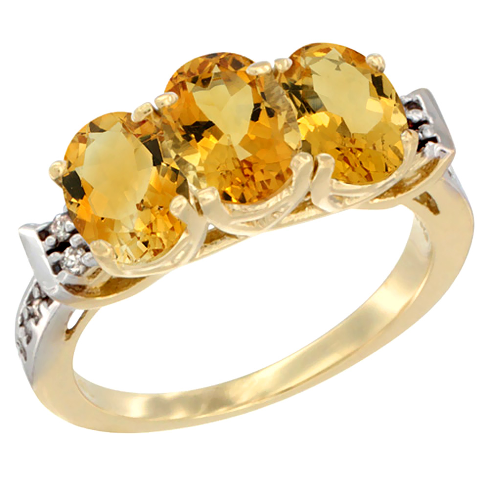 14K Yellow Gold Natural Citrine Ring 3-Stone 7x5 mm Oval Diamond Accent, sizes 5 - 10