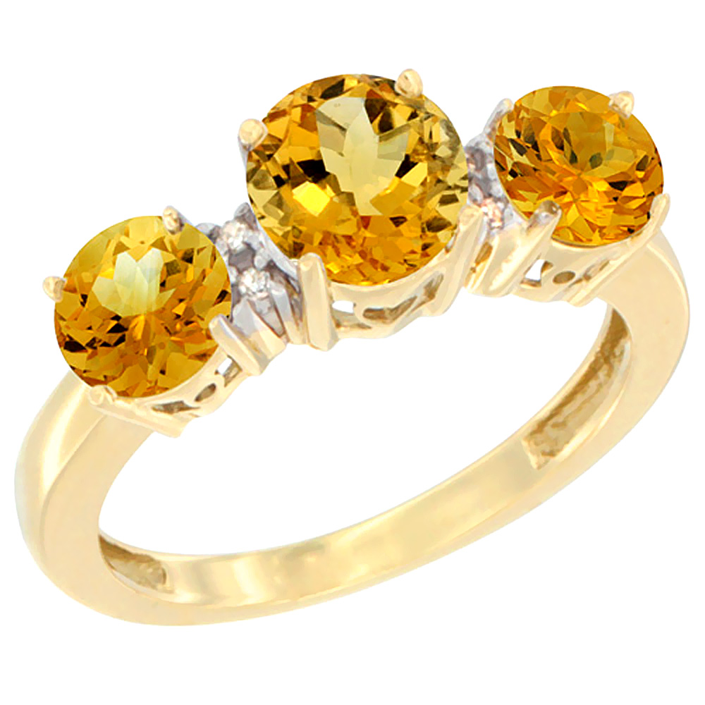 10K Yellow Gold Round 3-Stone Natural Citrine Ring Diamond Accent, sizes 5 - 10