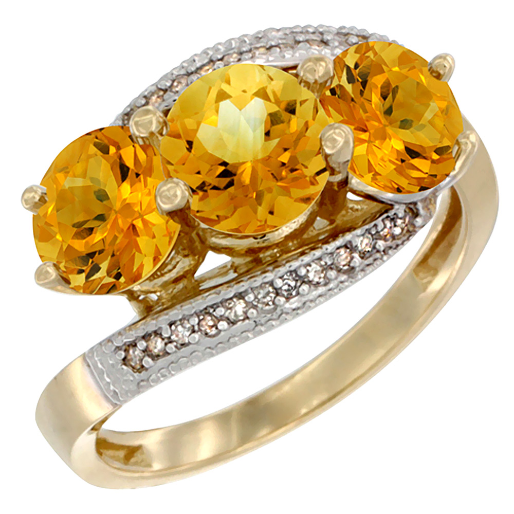 10K Yellow Gold Natural Citrine 3 stone Ring Round 6mm Diamond Accent, sizes 5 - 10