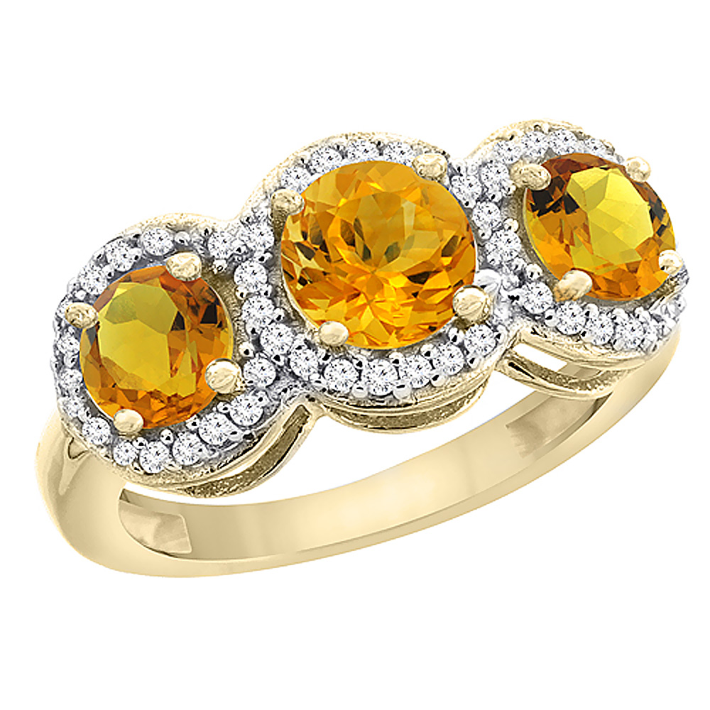 14K Yellow Gold Natural Citrine Round 3-stone Ring Diamond Accents, sizes 5 - 10
