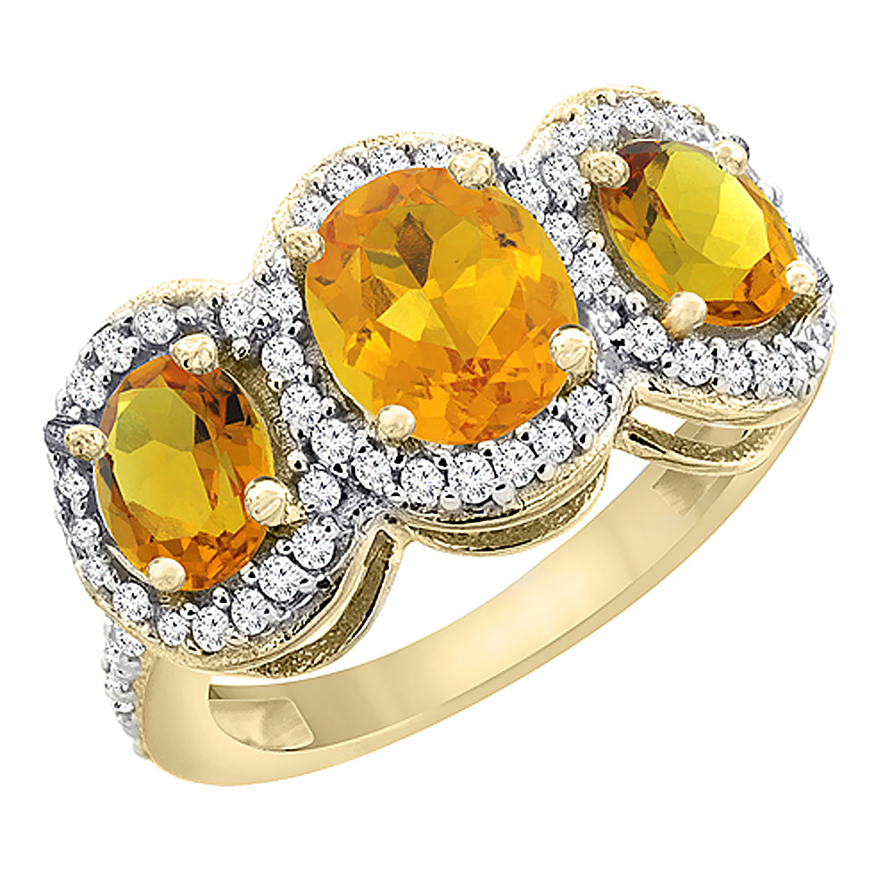 10K Yellow Gold Natural Citrine 3-Stone Ring Oval Diamond Accent, sizes 5 - 10
