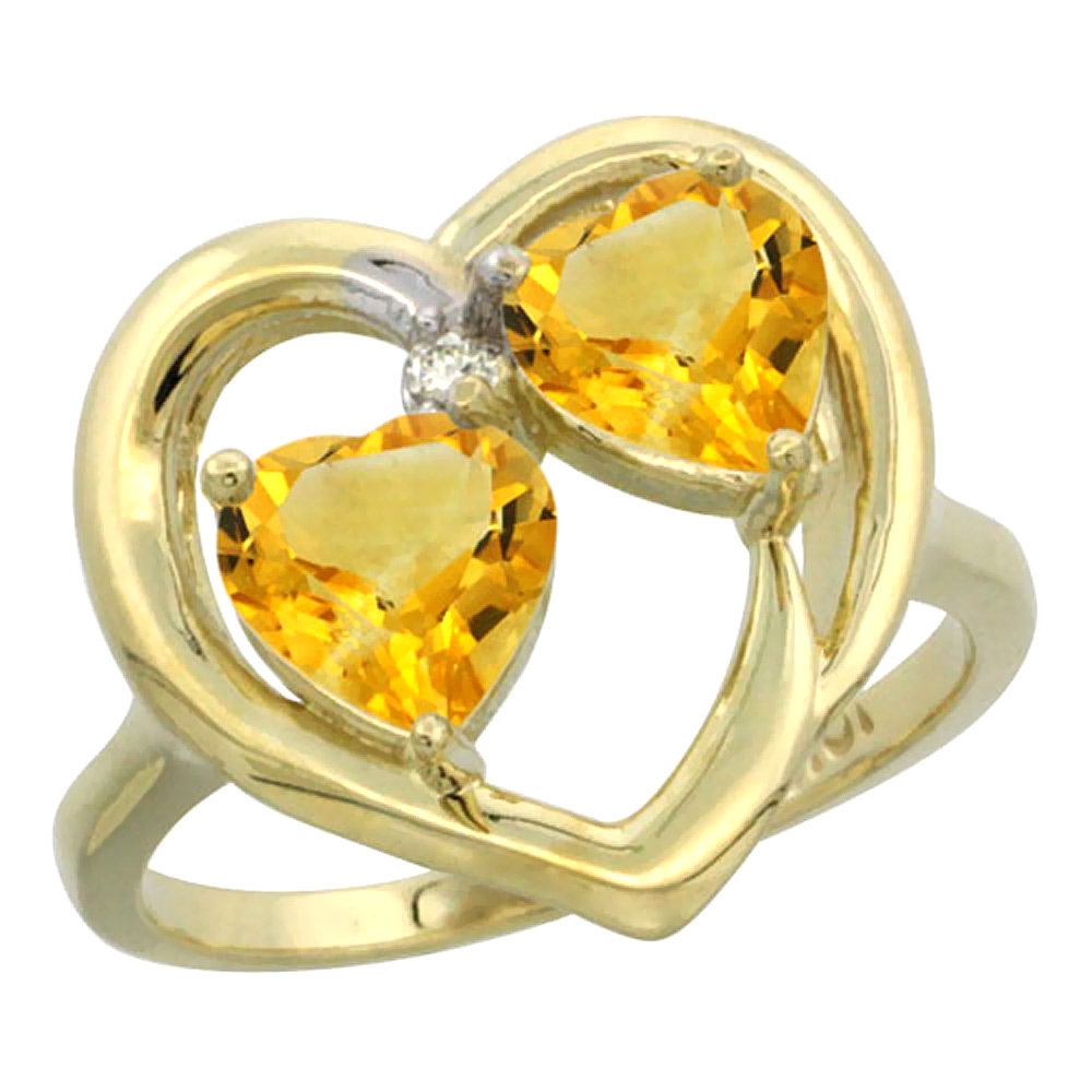 14K Yellow Gold Diamond Two-stone Heart Ring 6mm Natural Citrine, sizes 5-10