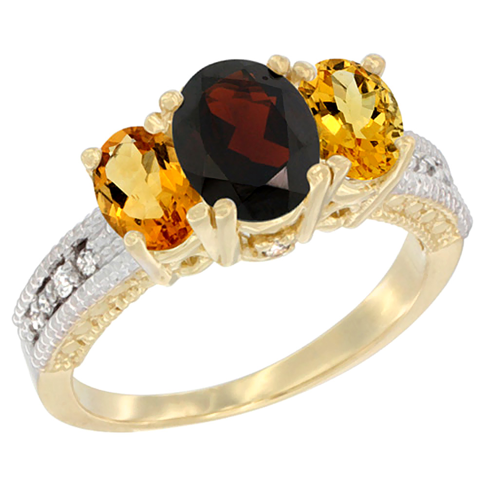 14K Yellow Gold Diamond Natural Garnet Ring Oval 3-stone with Citrine, sizes 5 - 10