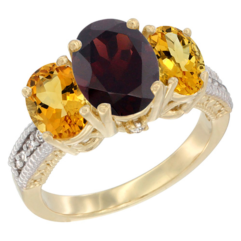 14K Yellow Gold Diamond Natural Garnet Ring 3-Stone Oval 8x6mm with Citrine, sizes5-10