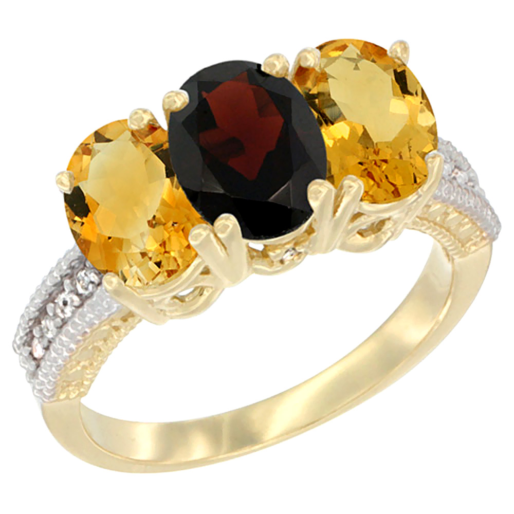 14K Yellow Gold Natural Garnet &amp; Citrine Sides Ring 3-Stone 7x5 mm Oval Diamond Accent, sizes 5 - 10