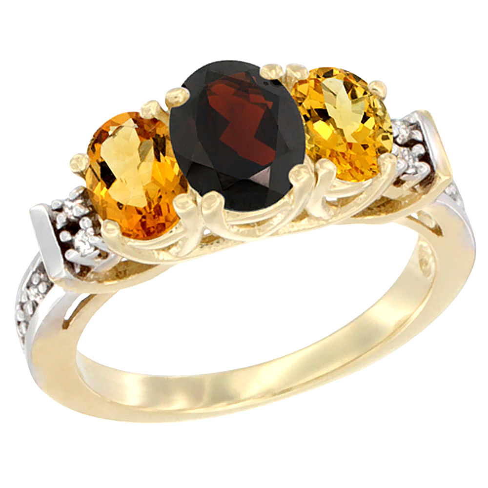 10K Yellow Gold Natural Garnet &amp; Citrine Ring 3-Stone Oval Diamond Accent