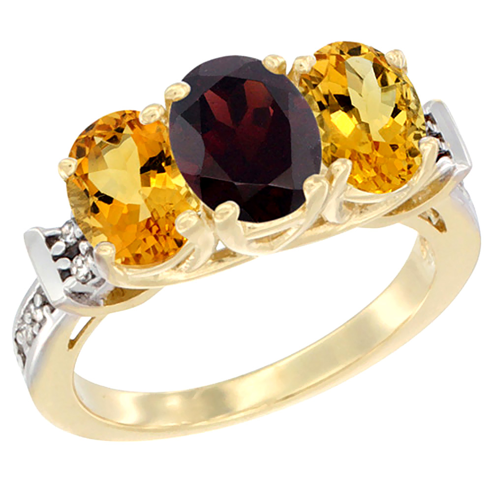 14K Yellow Gold Natural Garnet &amp; Citrine Sides Ring 3-Stone Oval Diamond Accent, sizes 5 - 10