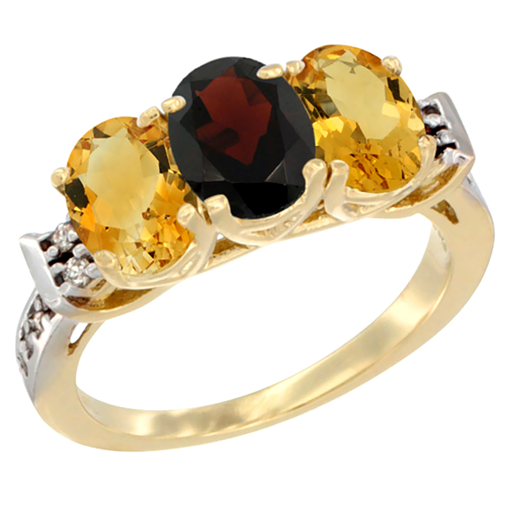 10K Yellow Gold Natural Garnet &amp; Citrine Sides Ring 3-Stone Oval 7x5 mm Diamond Accent, sizes 5 - 10