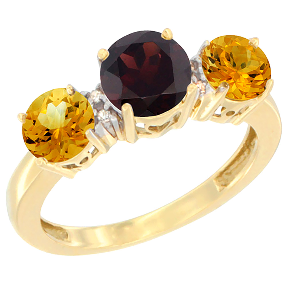 14K Yellow Gold Round 3-Stone Natural Garnet Ring &amp; Citrine Sides Diamond Accent, sizes 5 - 10