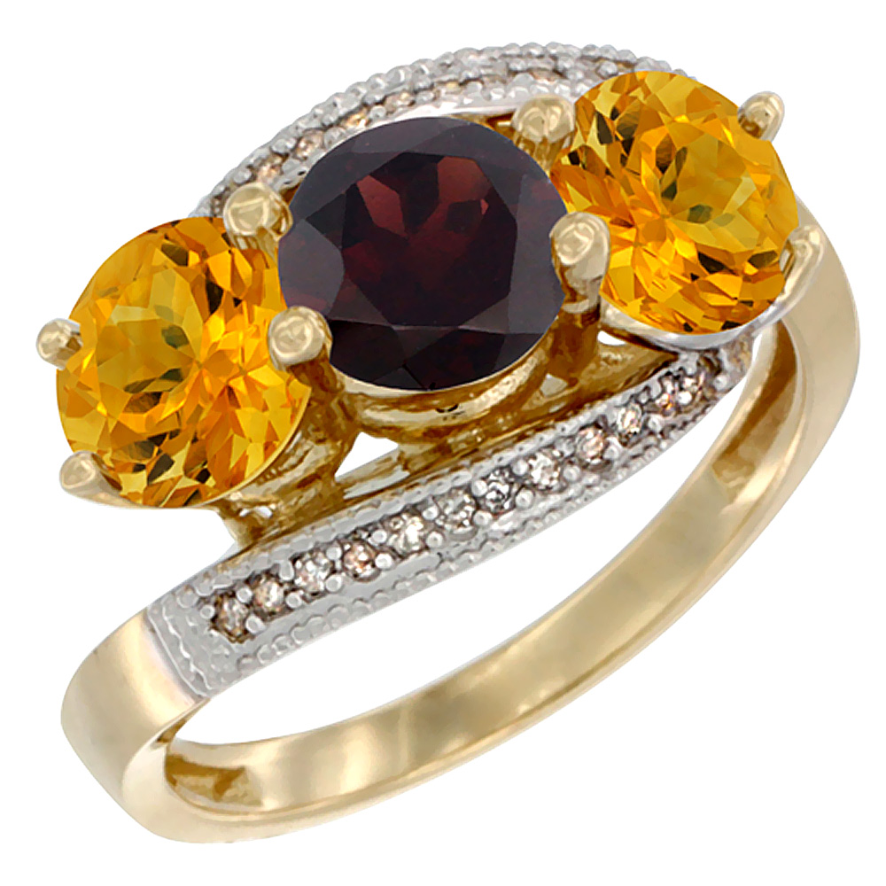 10K Yellow Gold Natural Garnet &amp; Citrine Sides 3 stone Ring Round 6mm Diamond Accent, sizes 5 - 10